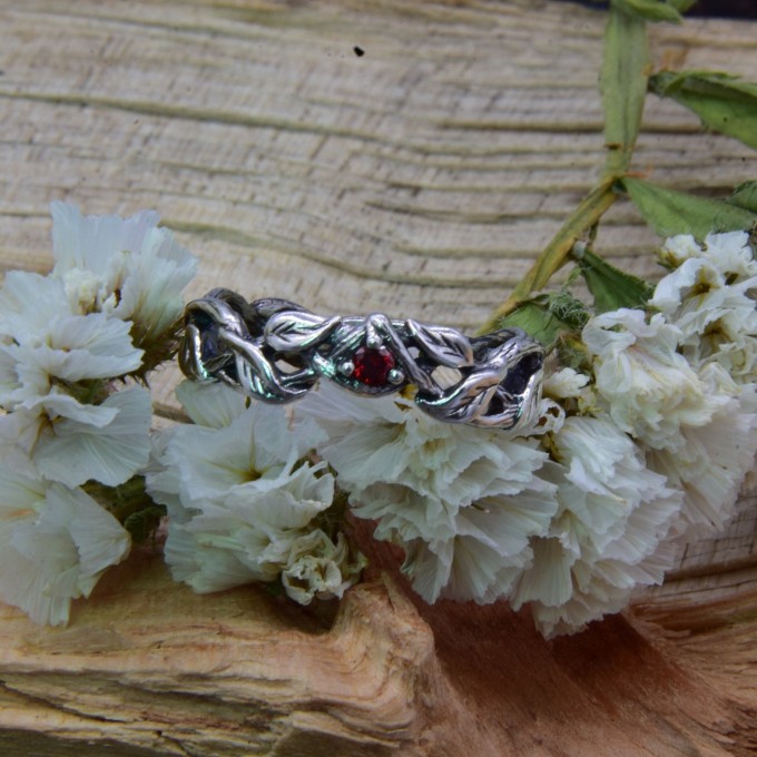 Gothic Garnet Ring with Enchanted Vine Design