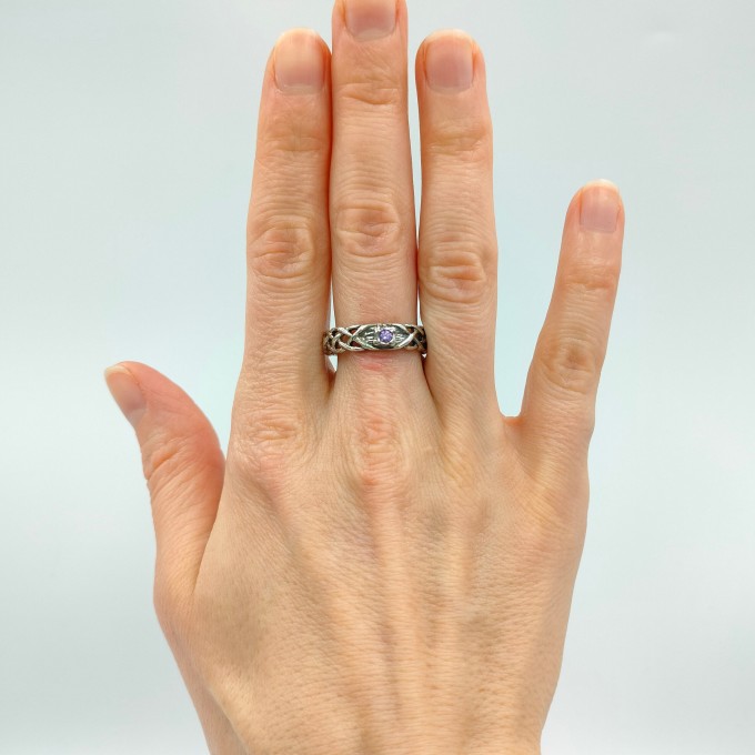 Delicate Gothic Ring with Amethyst Gemstone|Celtic Braided Weave Wedding Band with Amethyst Vine Twig Branch Design