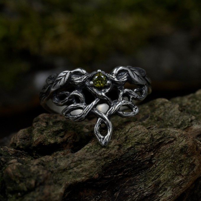 Forest Chevron Twig and Leaf Ring with Peridot for Engagement