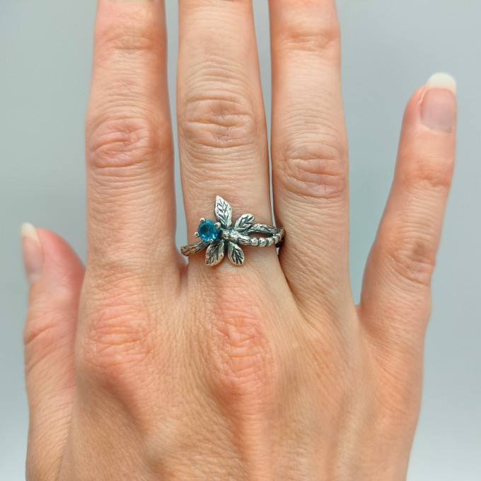 Gothic Silver Ring with Dragonfly and Blue Topaz
