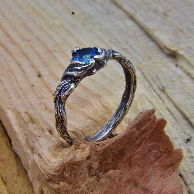 Gothic Silver Ring with Blue Aquamarine and Organic Design