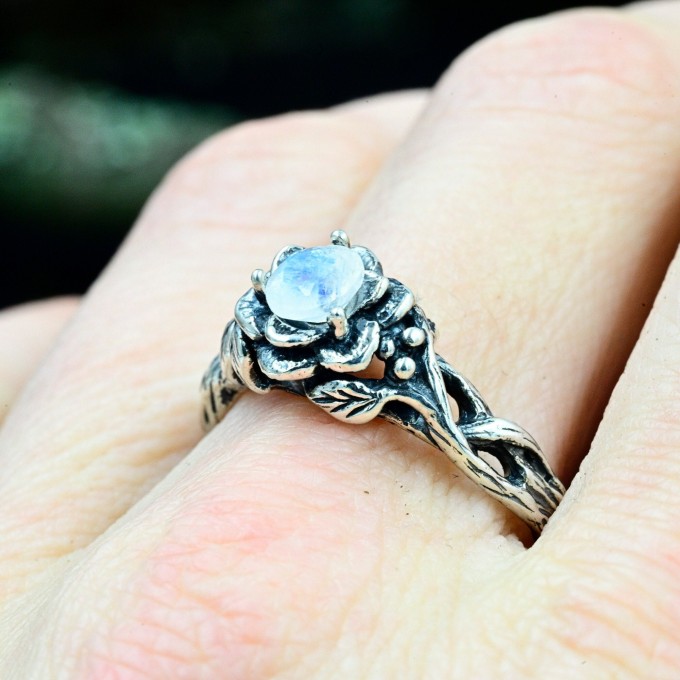 Gothic Moonstone Ring with Twisting Vine Design– Unique Moon Flower Promise Ring for Women
