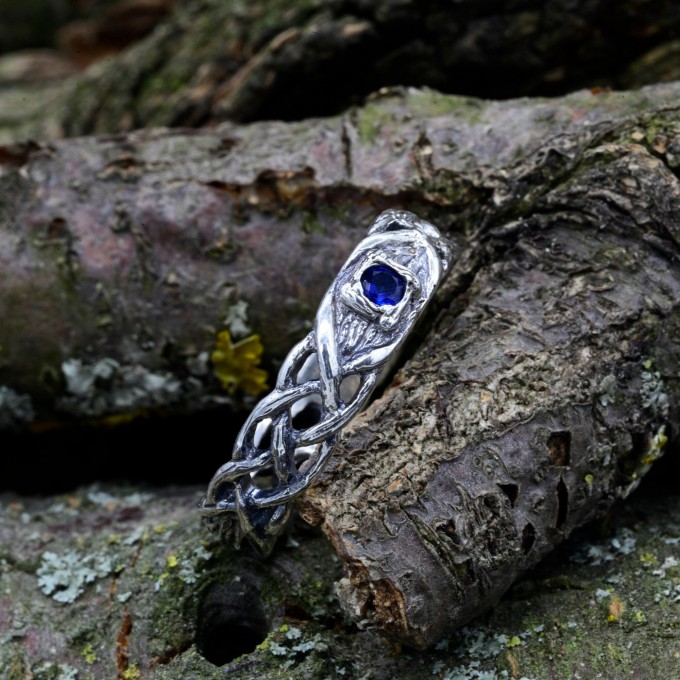Celtic-Inspired Gothic Ring with Sapphire
