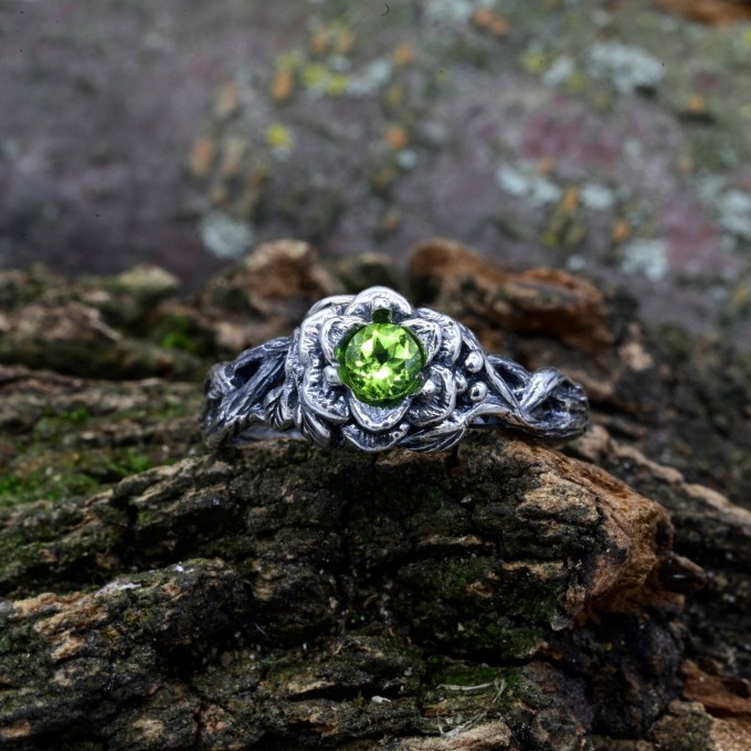 Bloom of Shadows: Gothic Sterling Silver Ring with Olivine Gemstone