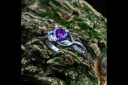 Elvish Engagement Ring Amethyst, Woodland Inspired Ring, Woman Wood Nature Wedding Ring in Silver, Unique Rustic Celtic Ring for Her