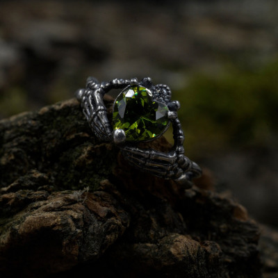 Dark Fantasy Ring Engagement, Silver Mystical Fairy Wedding Ring with Peridot, Unique Gothic Style Ring with Nature Theme Band