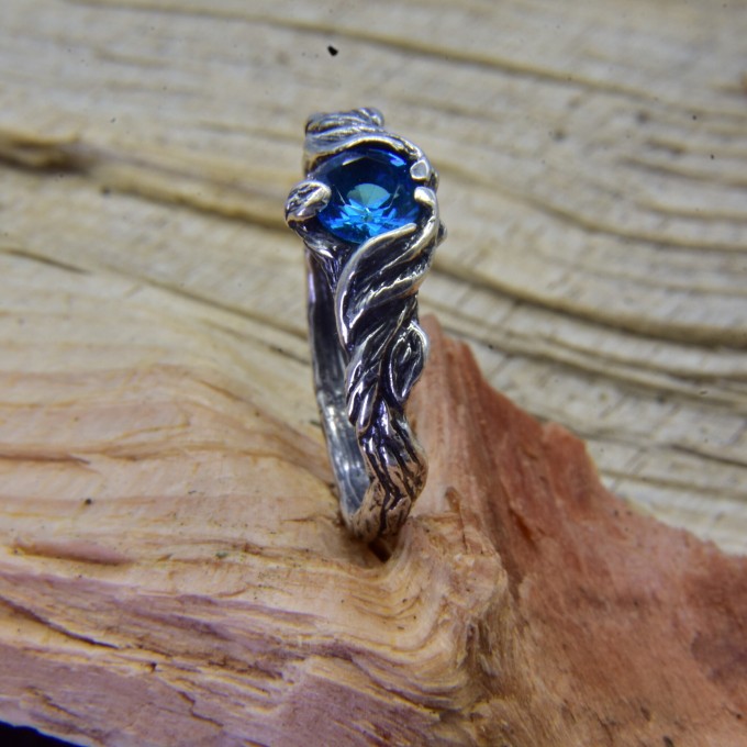 Gothic Silver Ring with Blue Aquamarine and Organic Design