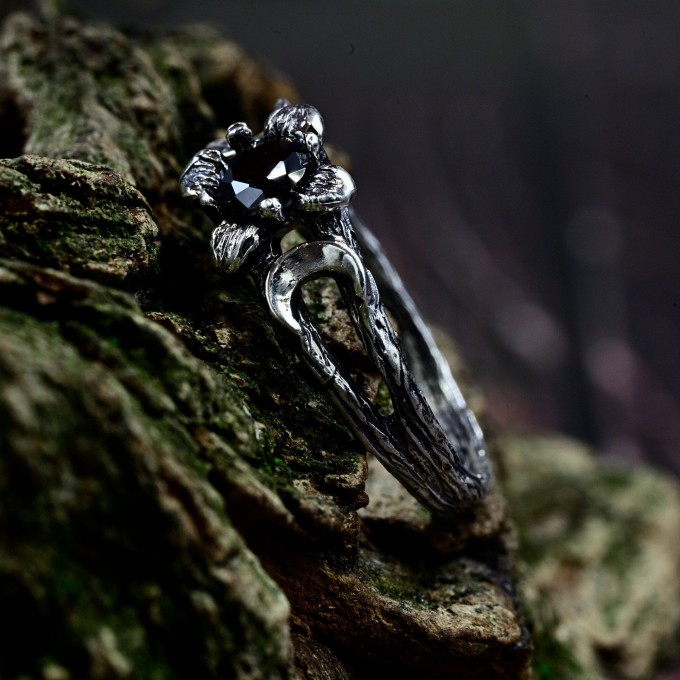 Enigmatic Silver Ring with Crescent Moons and Black Onyx