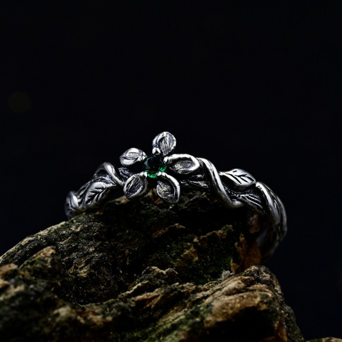 Delicate Gothic Ring with Emerald and Leaf Design|Unusual Nature-Inspired Engagement Ring