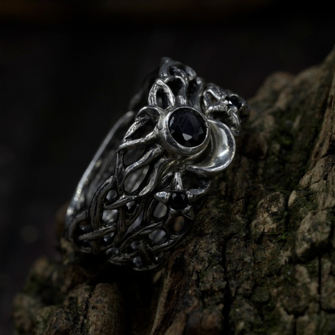Gothic Silver Ring Featuring Black Onyx and Moon Motif