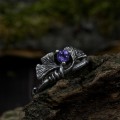 Gothic Silver Ring with Amethyst and Leaf Motif