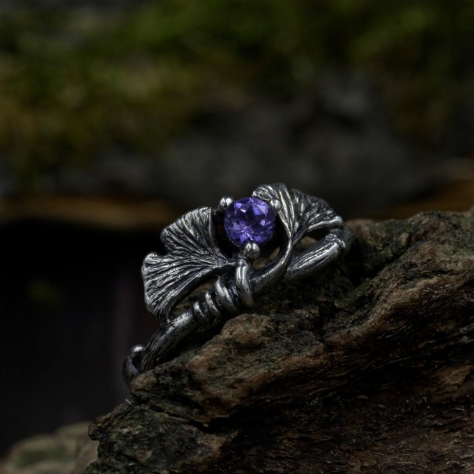 Gothic Silver Ring with Amethyst and Leaf Motif