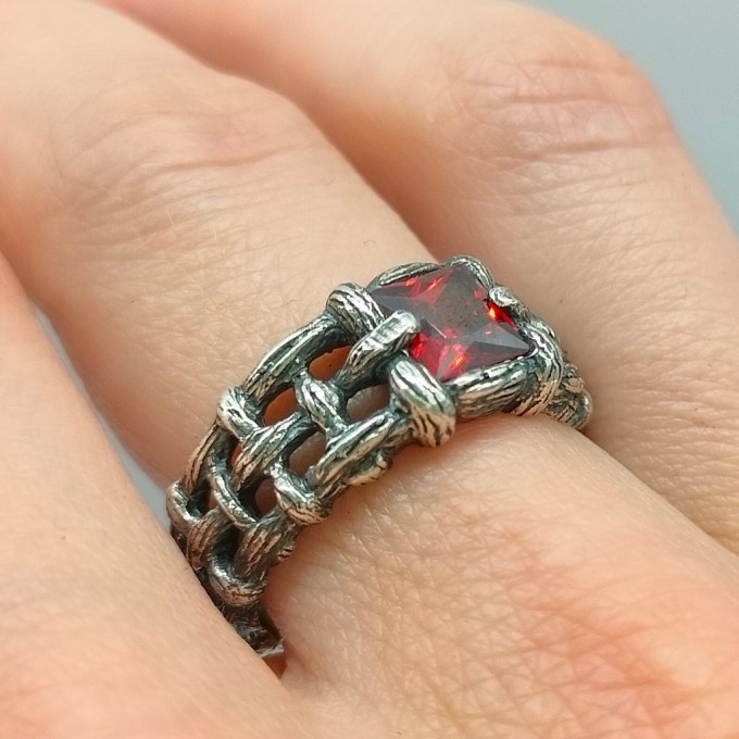 Bold Gothic Chain Ring with Garnet Gemstone