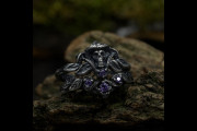 Gothic Whimsical Mushroom Wedding Ring Set with Purple Skull, Dark Fantasy Woodland Elven Bridal Ring Set, Witchy Chevron Leaf Jewelry