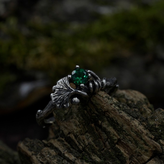 Forest Grace: Gothic Sterling Silver Ring with Emerald Gemstone