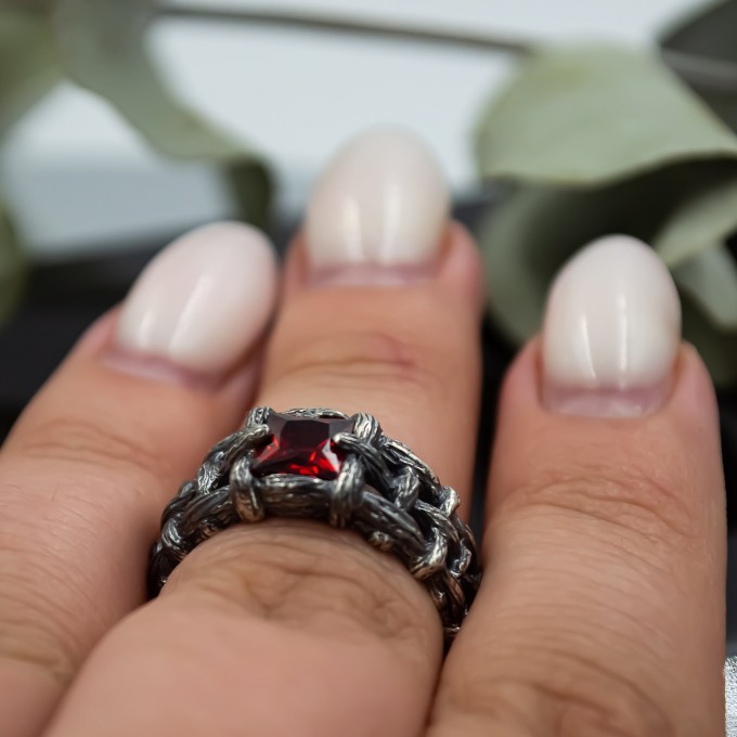 Crimson Dominion: Gothic Garnet Chain Ring