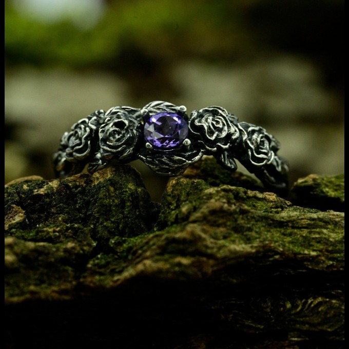Gothic Forest Amethyst Ring in Dark Silver