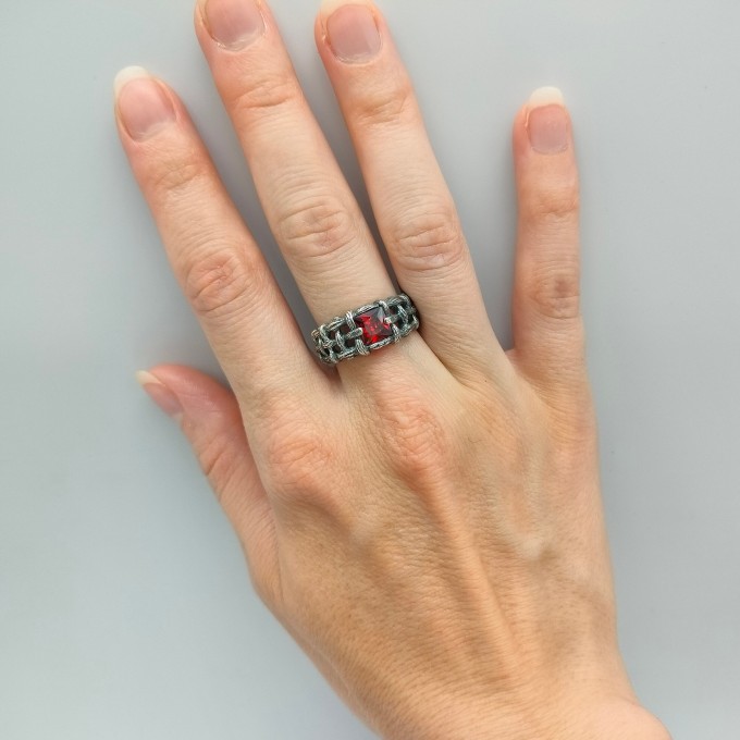 Bold Gothic Chain Ring with Garnet Gemstone
