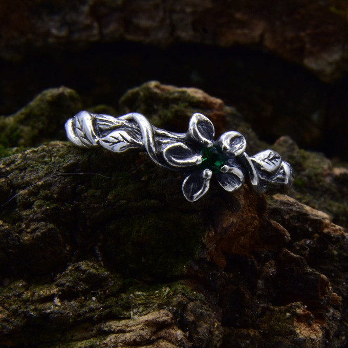 Enchanting Silver Ring with Elegant Emerald Gemstone| Unique and Unusual Engagement Ring for Her