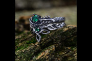 Forest Nature Celtic Wedding Ring Set, Unique Elven Wedding Rings Set, Stacking Ring Set with Birthstone & Leaf Branch, Ethereal Jewelry