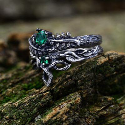 Forest Nature Celtic Wedding Ring Set, Unique Elven Wedding Rings Set, Stacking Ring Set with Birthstone & Leaf Branch, Ethereal Jewelry