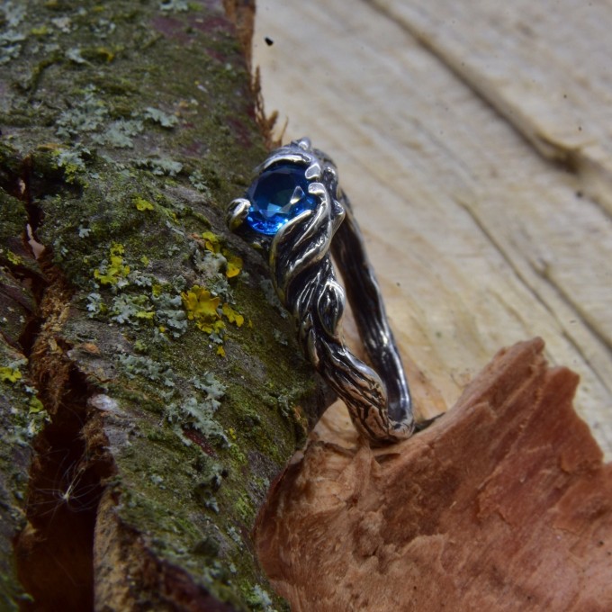 Gothic Silver Ring with Blue Aquamarine and Organic Design