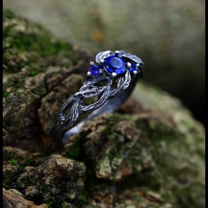 Sapphire Gothic Ring with Enchanted Vine Details