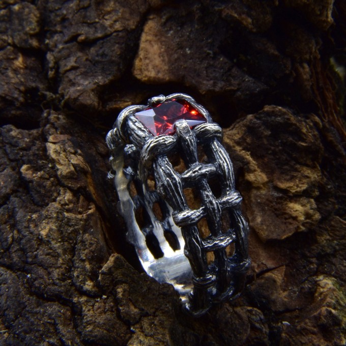 Bold Gothic Chain Ring with Garnet Gemstone