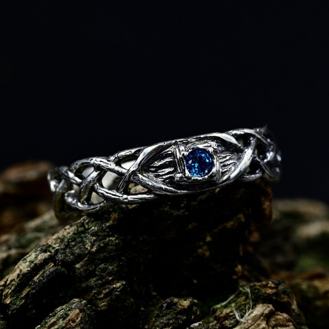 Celtic Knot Aquamarine Wedding Band for Men - Sterling Silver Vine Design