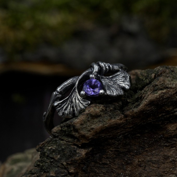 Gothic Silver Ring with Amethyst and Leaf Motif