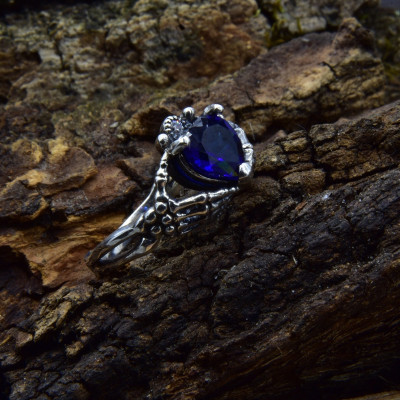 Dark Gothic Silver Engagement Ring with Death Heart and Skeleton, Halloween and Gothic Wedding Ring with Sapphire, Occult Jewelry
