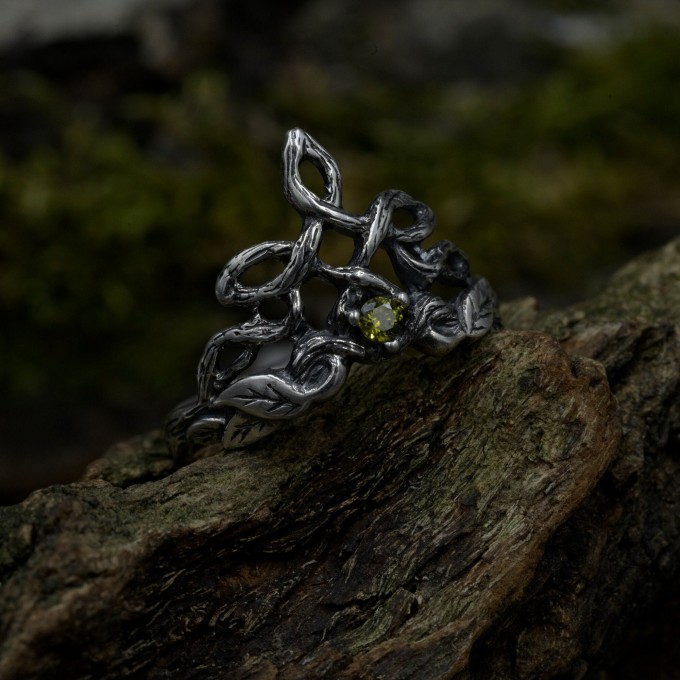 Forest Chevron Twig and Leaf Ring with Peridot for Engagement