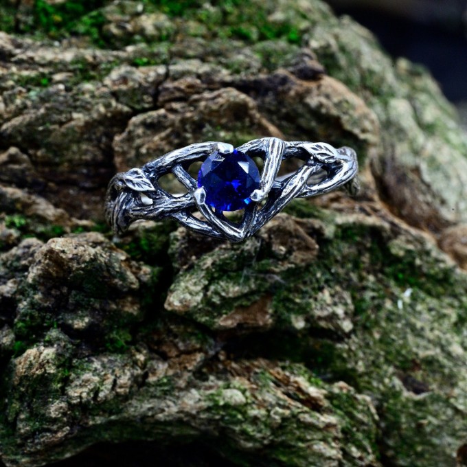 Twilight Crown: Gothic Sterling Silver Ring with Sapphire Gemstone