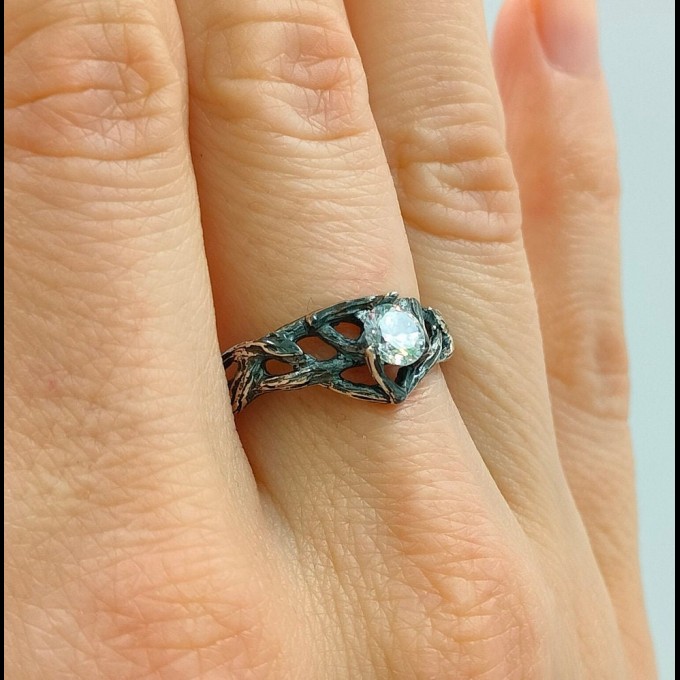 Gothic White Topaz Ring with Enchanted Vine Motif