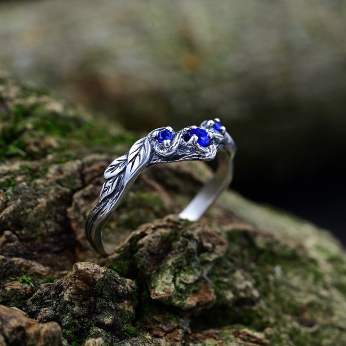 Gothic Silver Ring with Sapphire and Vine Motif