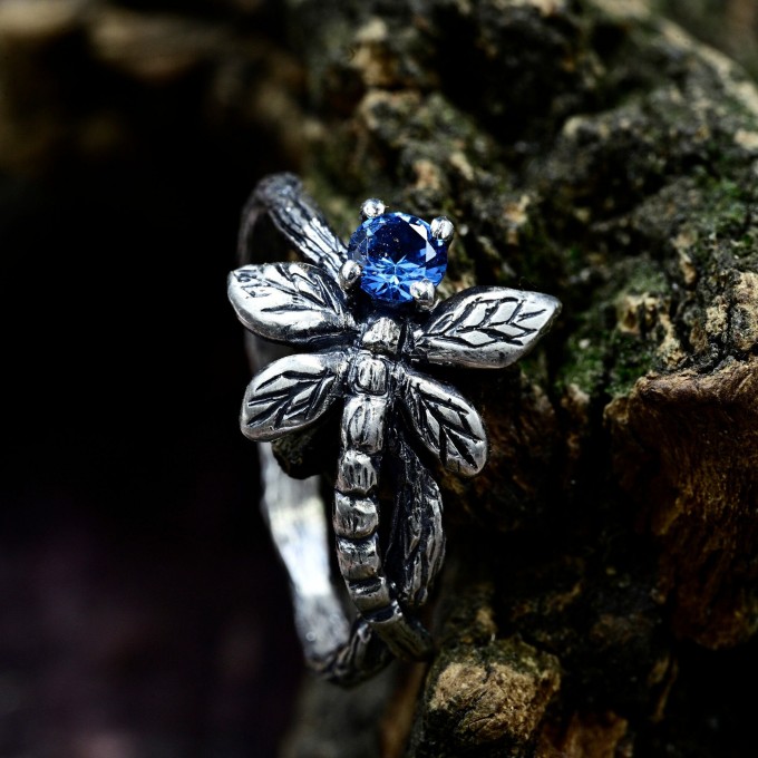 Gothic Silver Ring with Dragonfly and Blue Topaz