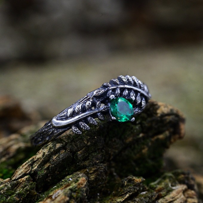 Forest Crown: Gothic Sterling Silver Ring with Emerald Gemstone