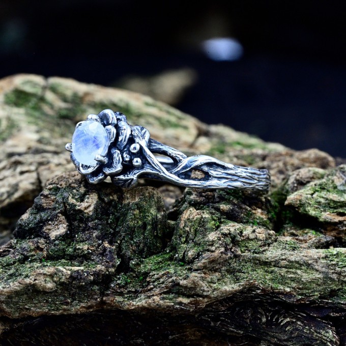 Elegant Gothic Floral Ring with Moonstone