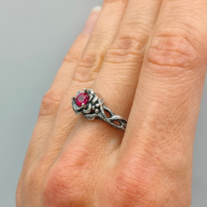 Thorned Bloom: Gothic Sterling Silver Ring with Enchanted Ruby