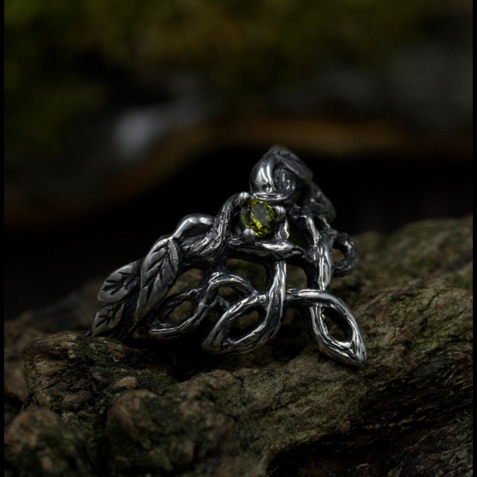 Forest Chevron Twig and Leaf Ring with Peridot for Engagement