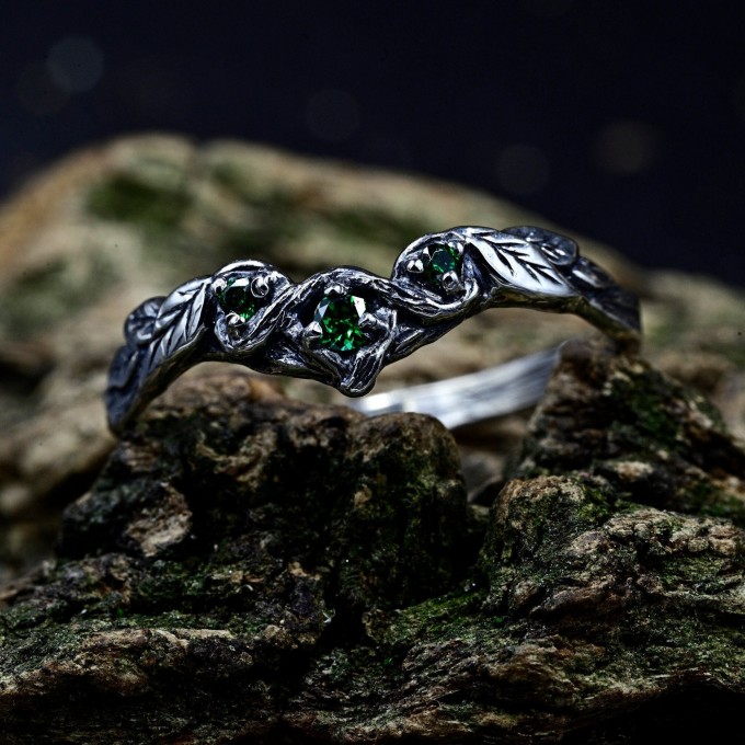 Forest's Whisper: Gothic Sterling Silver Ring with Emerald Accents