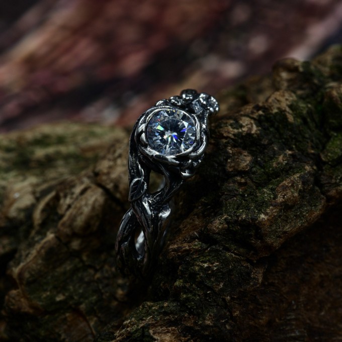 Elegant Gothic Ring with White Topaz Gemstone|Unusual Nature-Inspired Engagement Ring