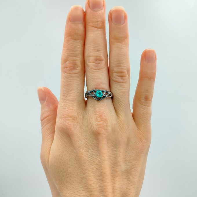 Gothic Silver Ring with Aquamarine and Nature Motif