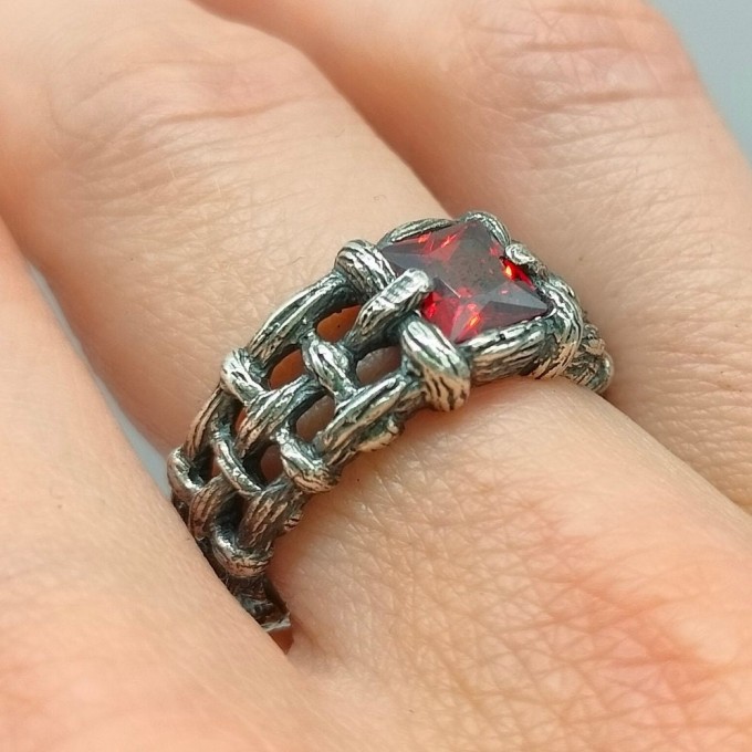 Gothic Garnet Ring with Intricate Bold Design