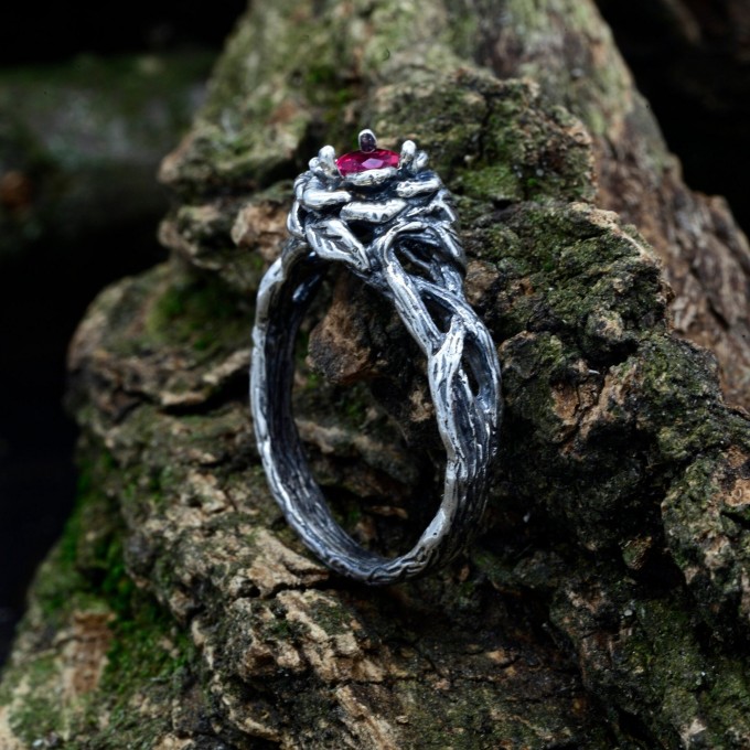 Thorned Bloom: Gothic Sterling Silver Ring with Enchanted Ruby