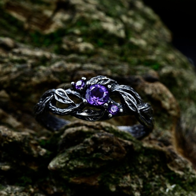 Amethyst Silver Ring with Intricate Fantasy Design