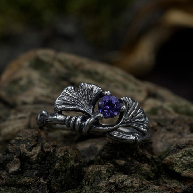 Gothic Silver Ring with Amethyst and Leaf Motif