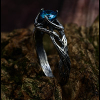 Male Aquamarine Promise Band with Fairy Branch, Silver Nature Inspired Wedding Band for Man, Witchy Engagement Ring Masculine
