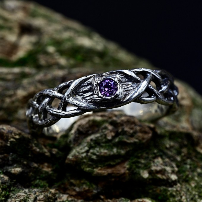 Delicate Gothic Ring with Amethyst Gemstone|Celtic Braided Weave Wedding Band with Amethyst Vine Twig Branch Design