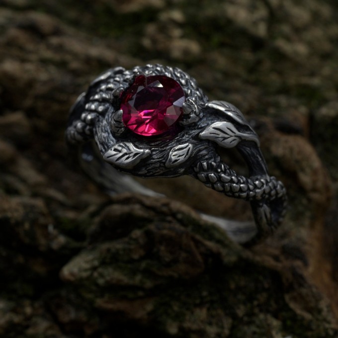 Ruby Gothic Dragon Ring with Bold and Mystical Design